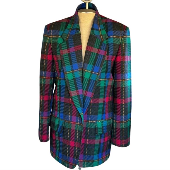 Pendleton Blazer Fuscia pink, charcoal gray, green, & blue plaid Wool Blazer - Picture 4 of 16